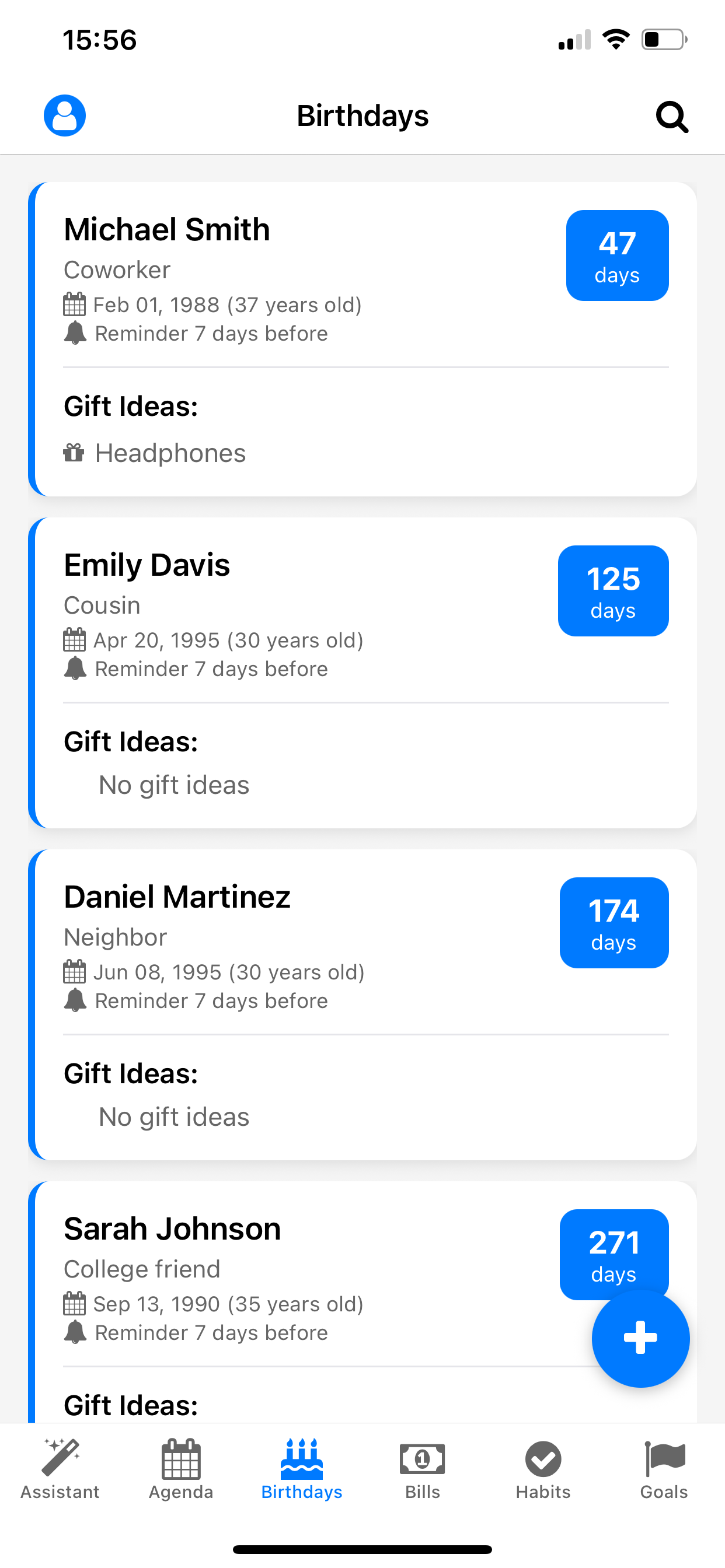 Life Tracker AI birthdays view
