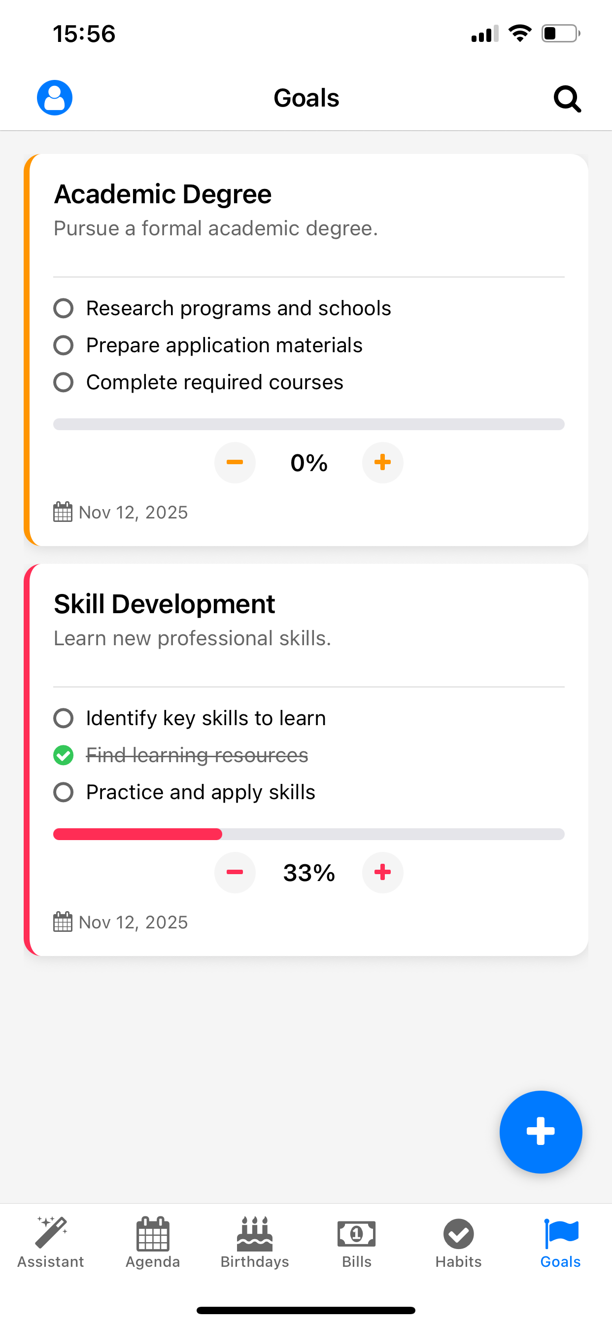 Life Tracker AI goals view